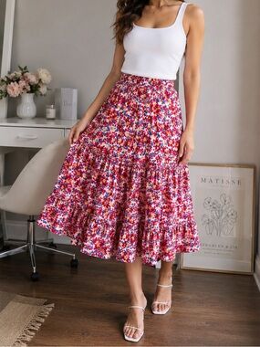 Women’s Pink Floral Tiered Midi Skirt